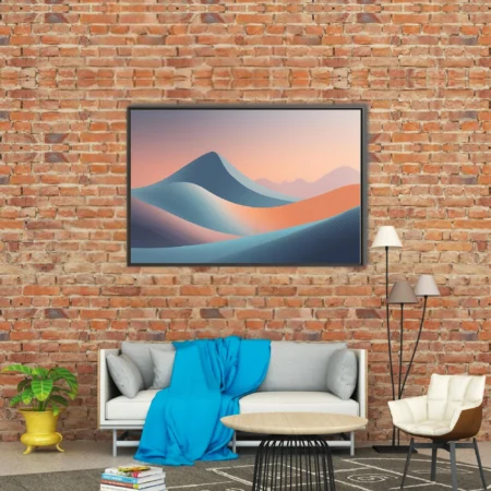 Minimalist abstract desert dunes landscape in cool blue and warm terracotta tones