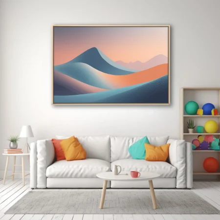 Minimalist abstract desert dunes landscape in cool blue and warm terracotta tones