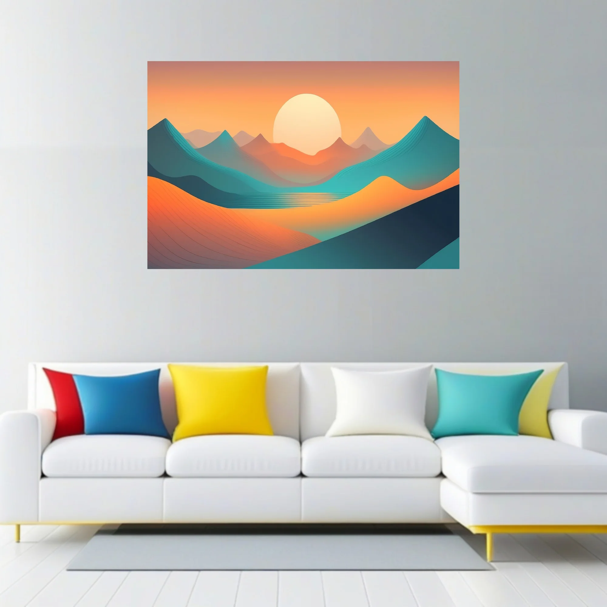 Minimalist abstract landscape with teal waves, amber dunes, and glowing sun at sunset