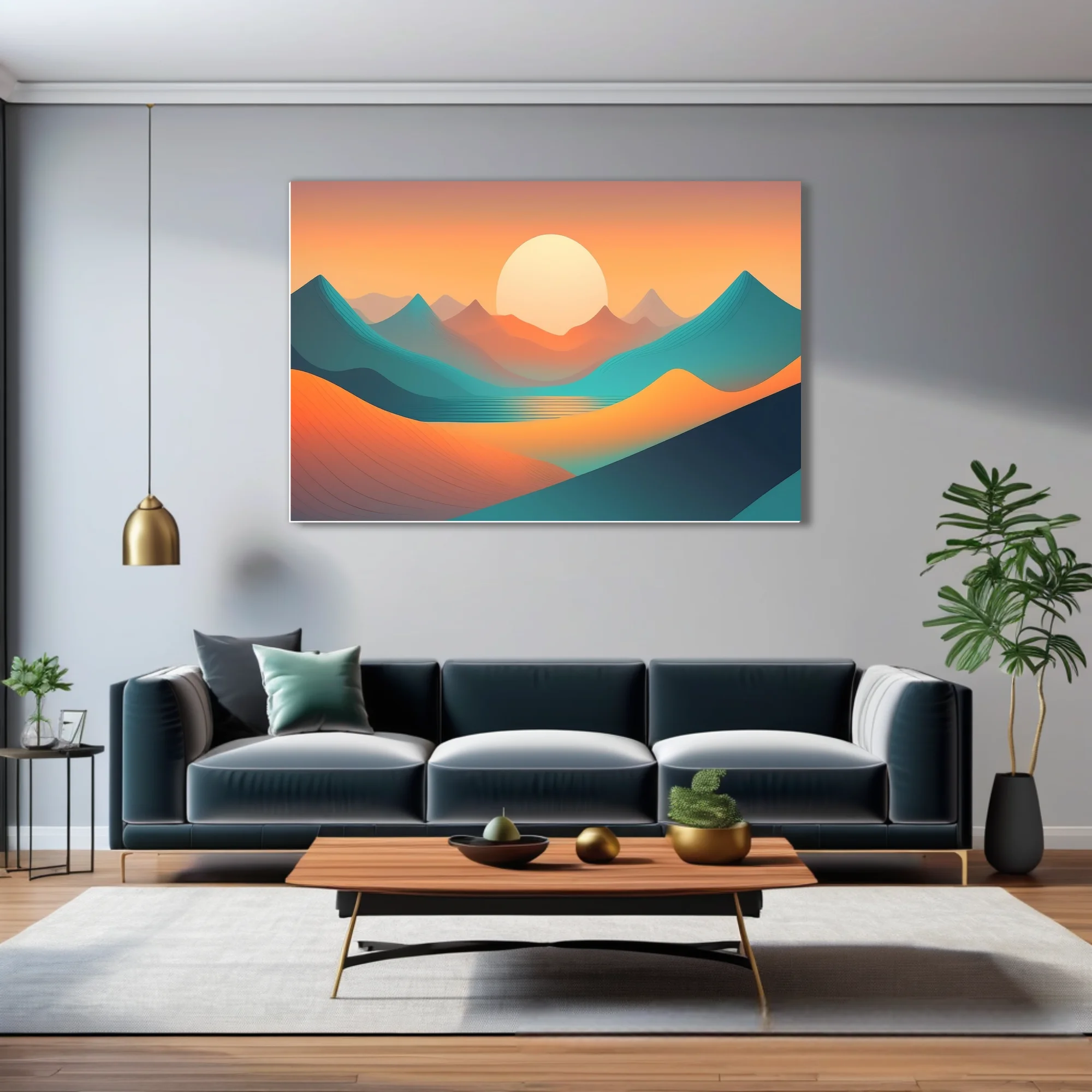 Minimalist abstract landscape with teal waves, amber dunes, and glowing sun at sunset