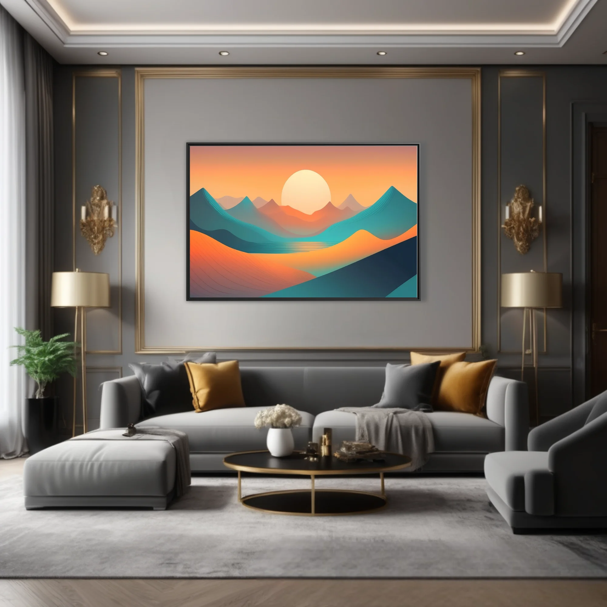 Minimalist abstract landscape with teal waves, amber dunes, and glowing sun at sunset