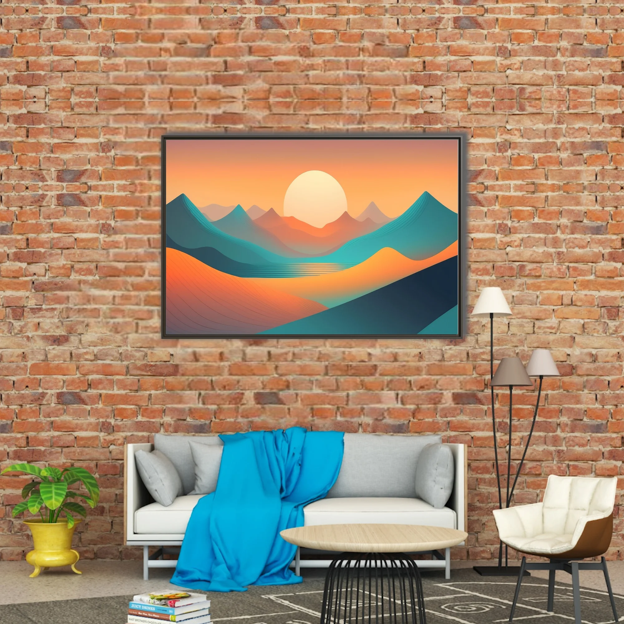 Minimalist abstract landscape with teal waves, amber dunes, and glowing sun at sunset
