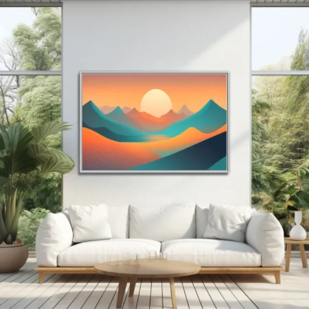 Minimalist abstract landscape with teal waves, amber dunes, and glowing sun at sunset