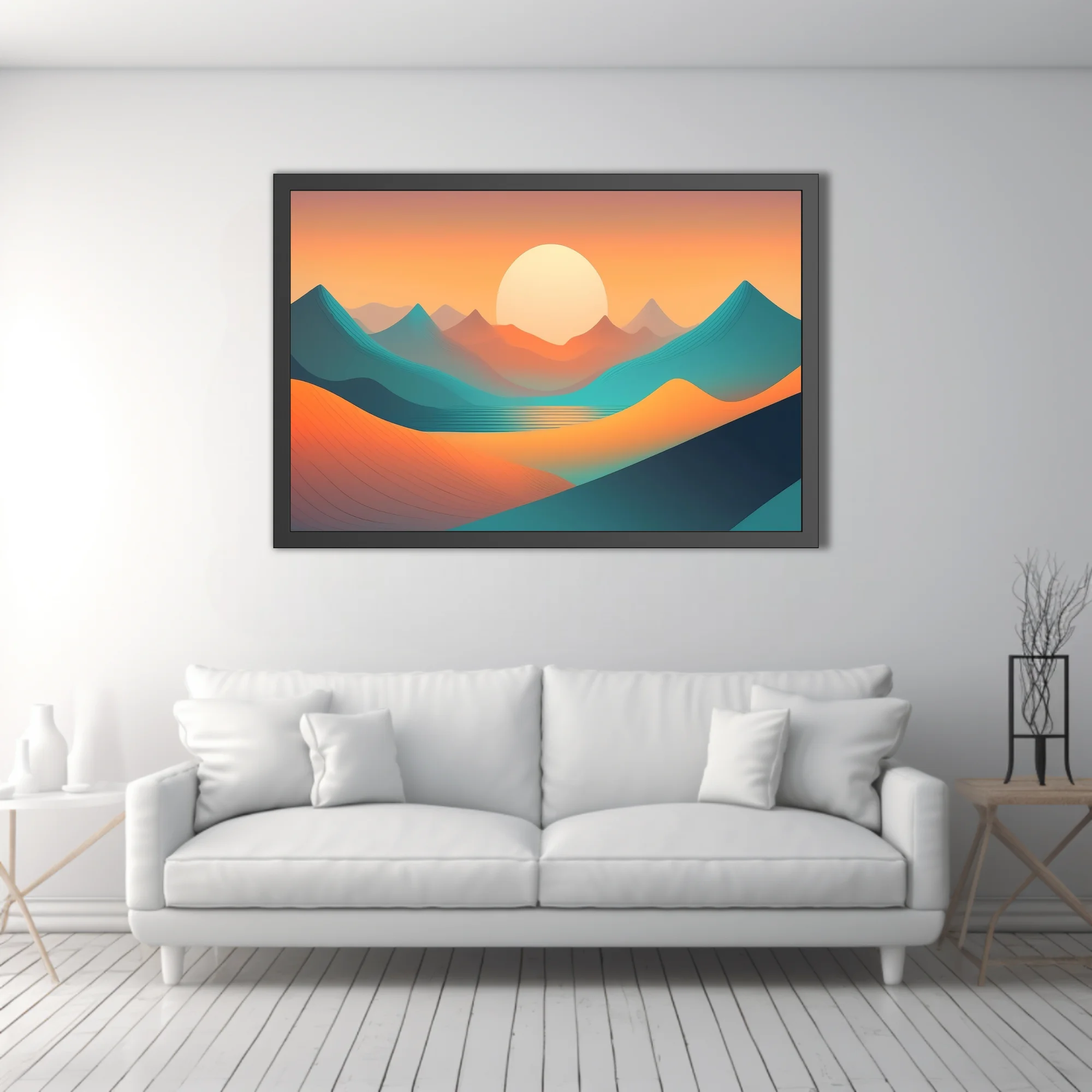 Minimalist abstract landscape with teal waves, amber dunes, and glowing sun at sunset