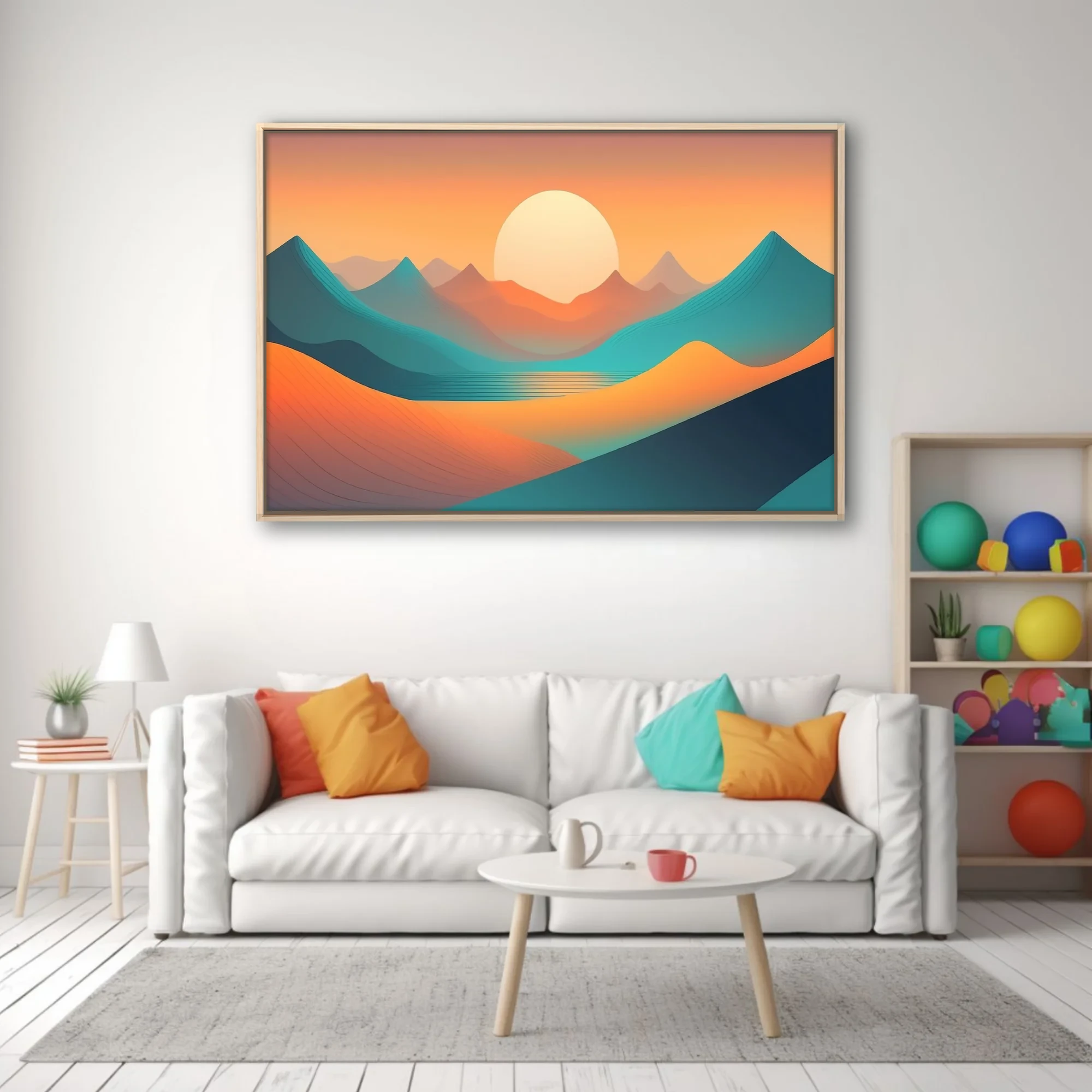 Minimalist abstract landscape with teal waves, amber dunes, and glowing sun at sunset