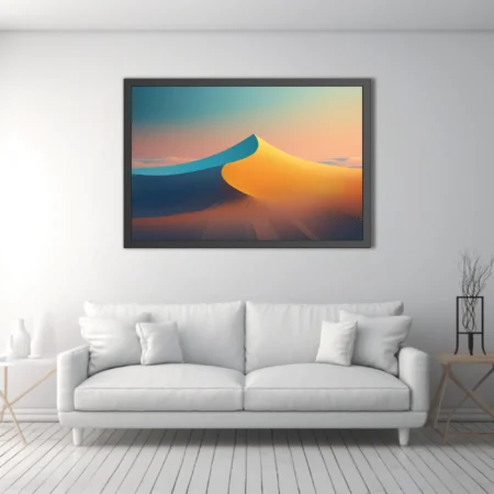 Minimalist desert dune landscape in warm amber and cool teal tones