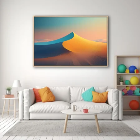 Minimalist desert dune landscape in warm amber and cool teal tones