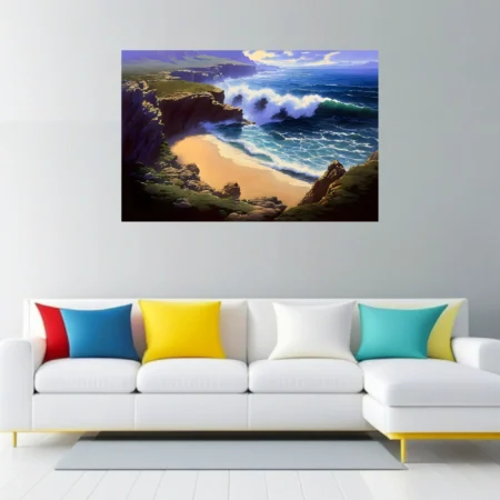 Illustration-style dramatic coastal cove with crashing waves and amber sand