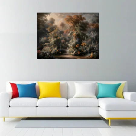 Fantasy garden, amber and storm-grey, lush botanicals in dramatic haze
