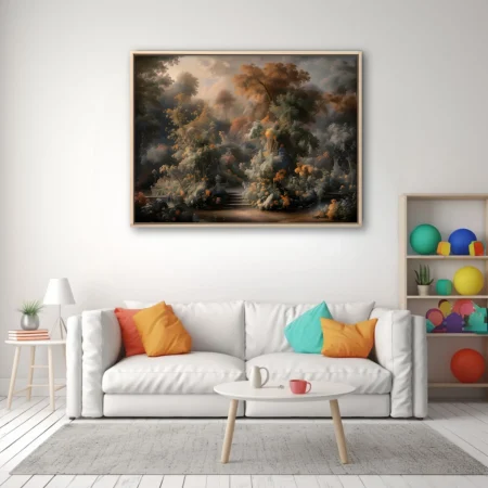 Fantasy garden, amber and storm-grey, lush botanicals in dramatic haze