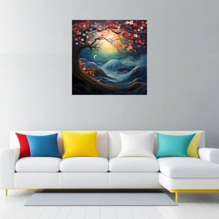 Japanese-style fantasy night landscape with coral blossoms, swirling waves, and glowing celestial orb