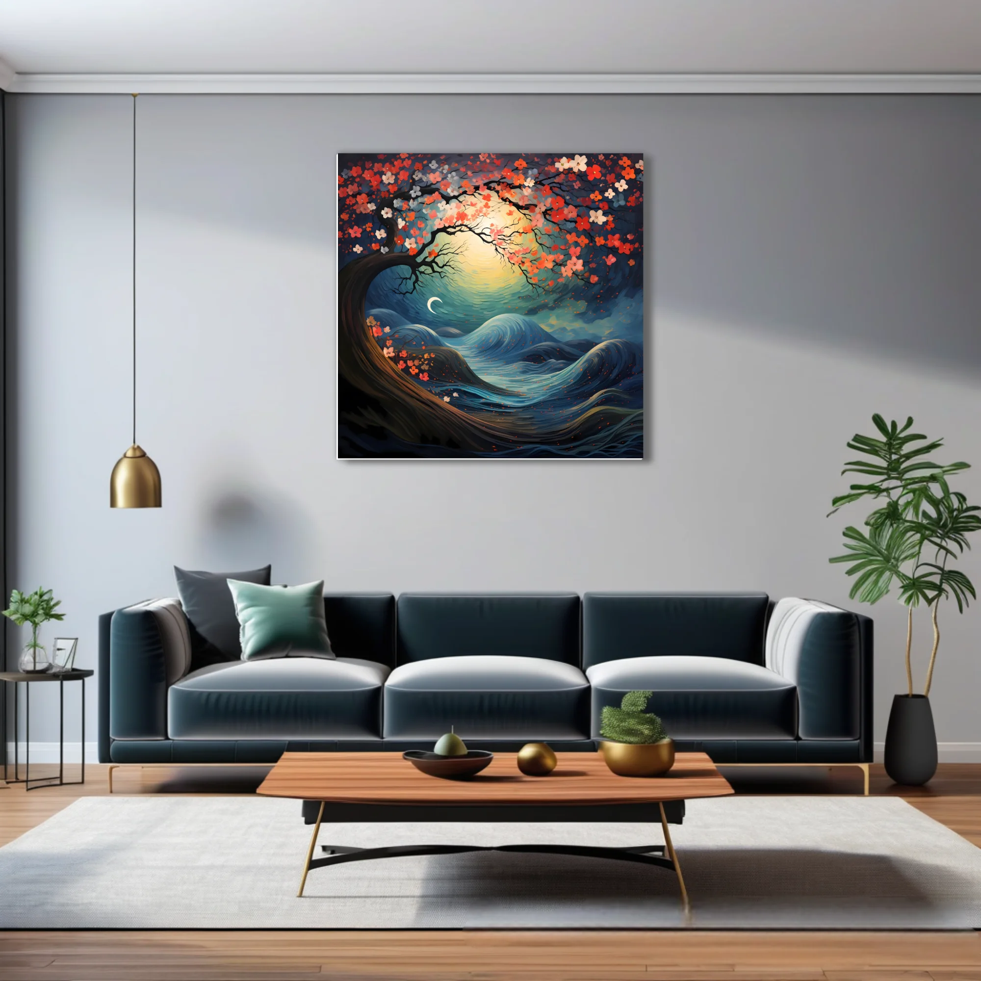 Japanese-style fantasy night landscape with coral blossoms, swirling waves, and glowing celestial orb