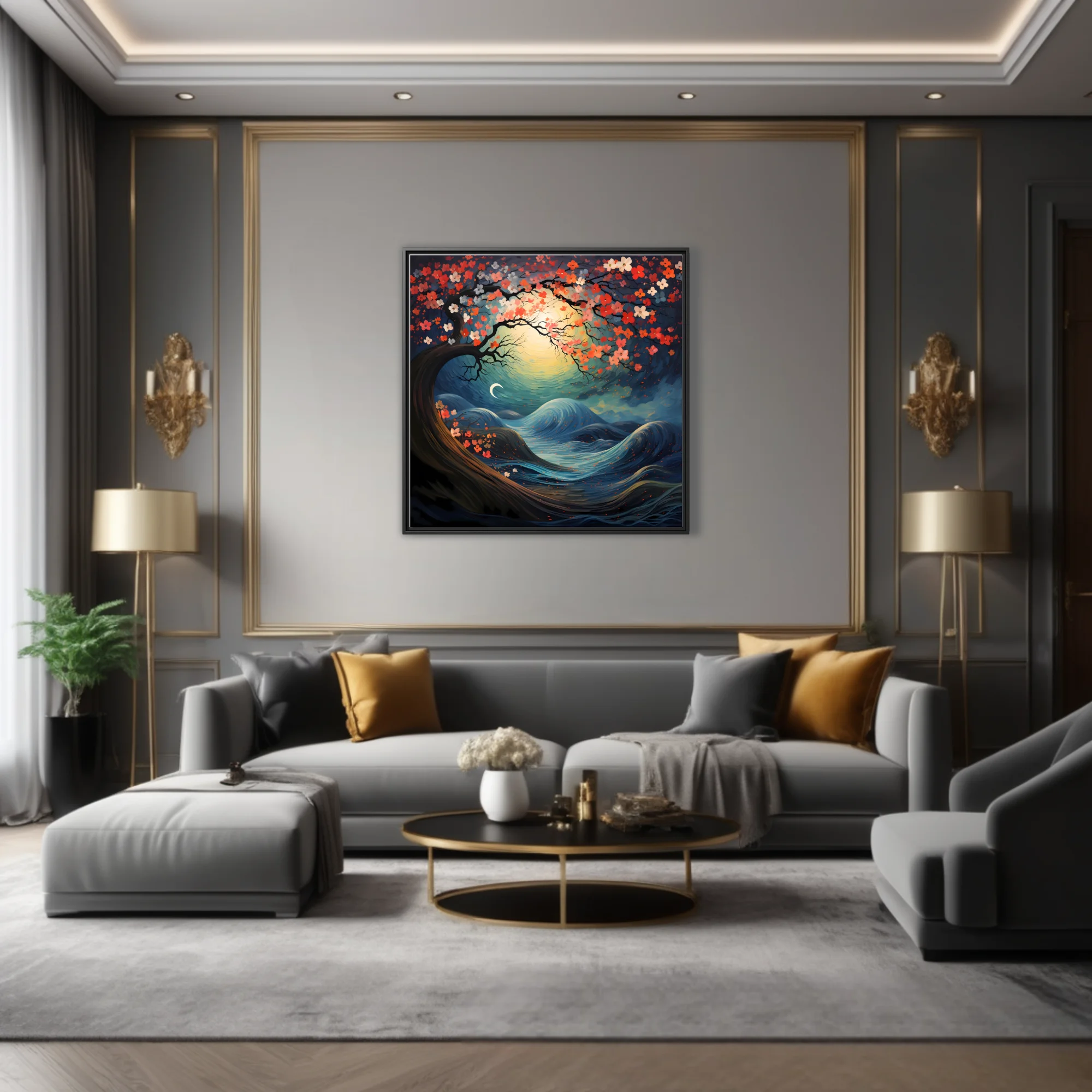 Japanese-style fantasy night landscape with coral blossoms, swirling waves, and glowing celestial orb