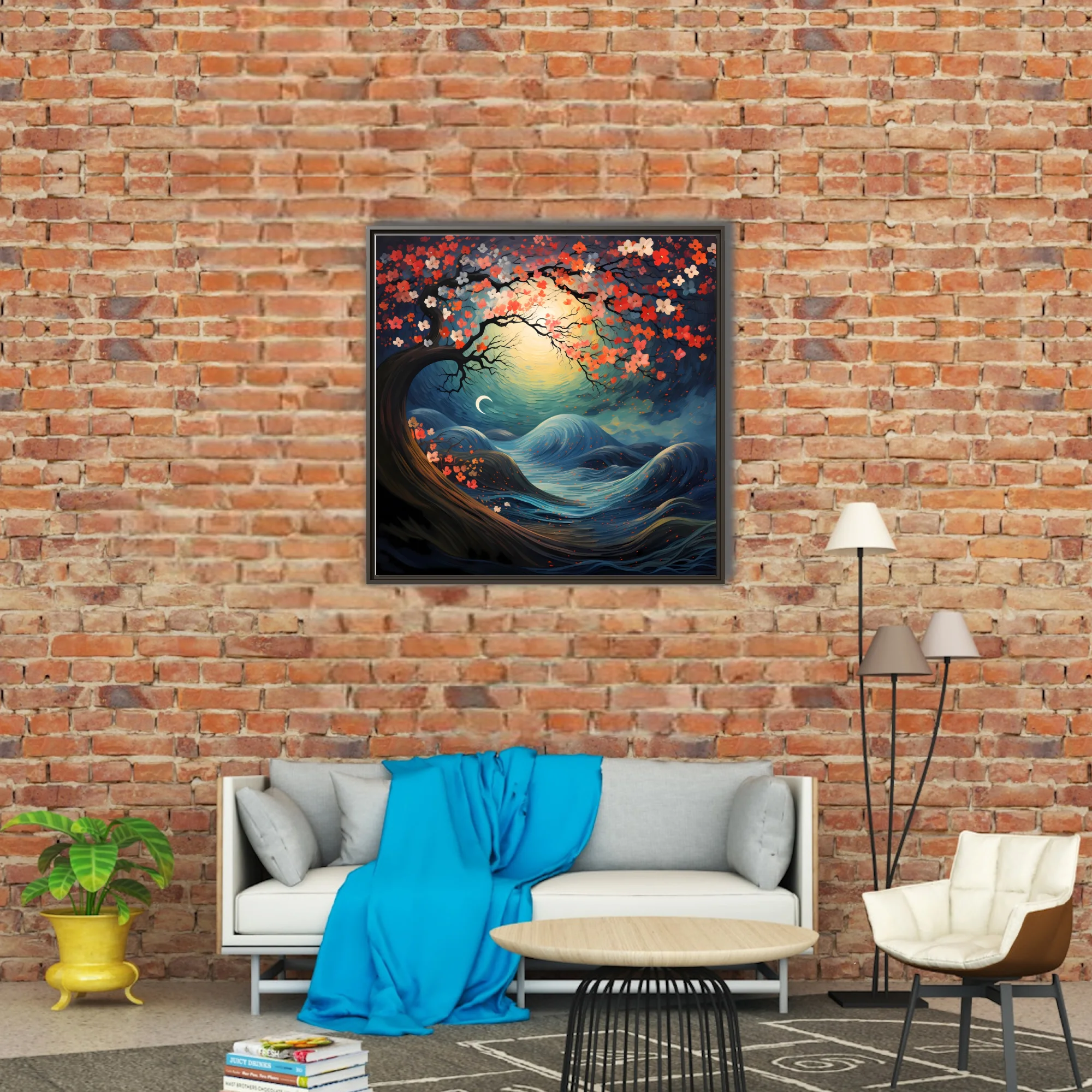 Japanese-style fantasy night landscape with coral blossoms, swirling waves, and glowing celestial orb