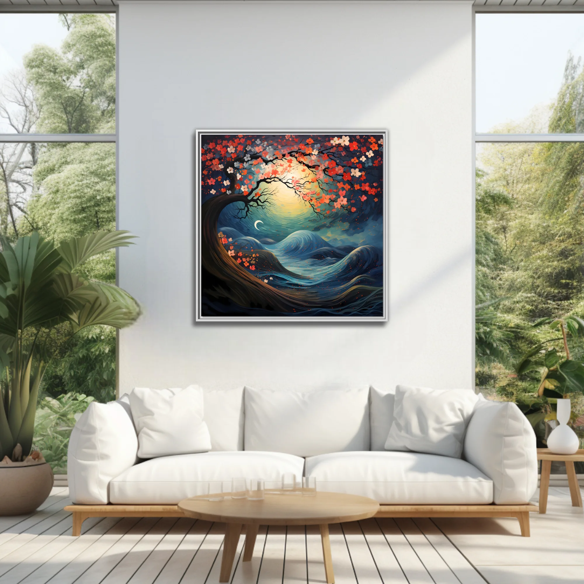 Japanese-style fantasy night landscape with coral blossoms, swirling waves, and glowing celestial orb