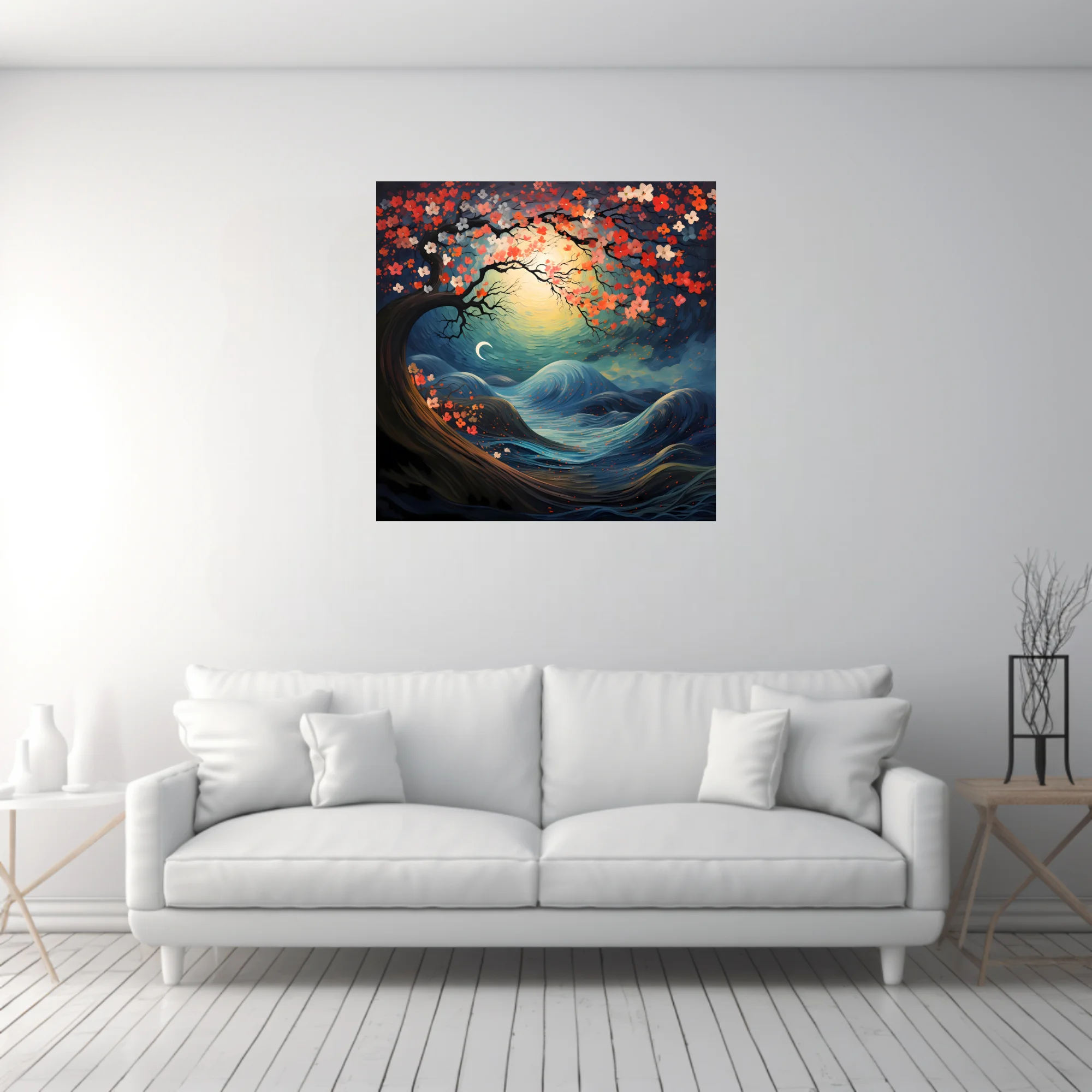 Japanese-style fantasy night landscape with coral blossoms, swirling waves, and glowing celestial orb