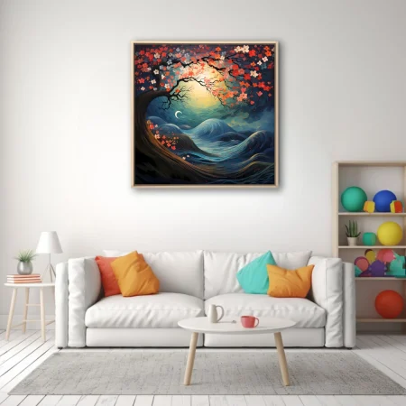 Japanese-style fantasy night landscape with coral blossoms, swirling waves, and glowing celestial orb