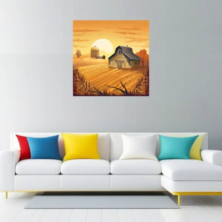 Graphic autumn farmstead illustration with golden harvest fields and glowing amber sky