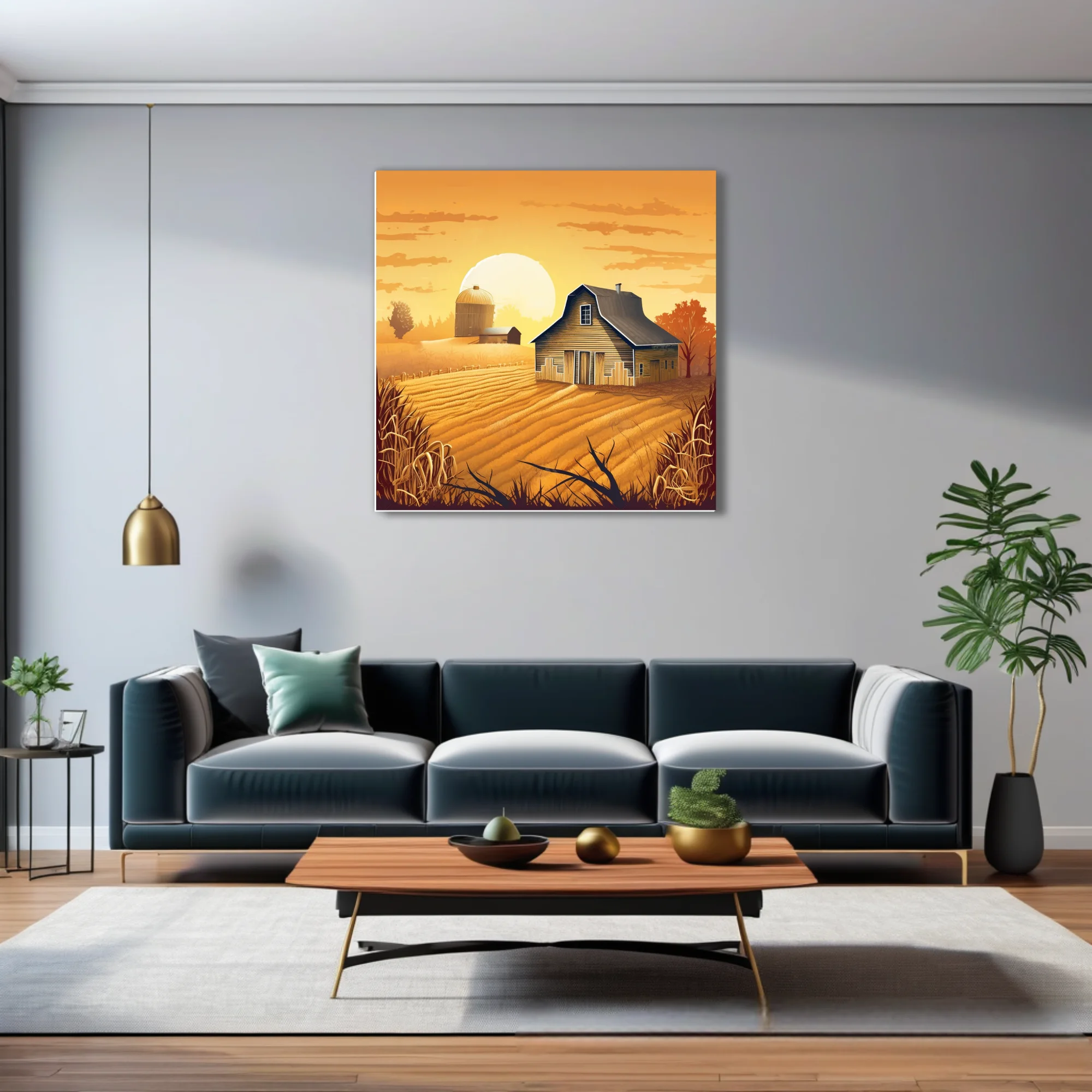 Graphic autumn farmstead illustration with golden harvest fields and glowing amber sky