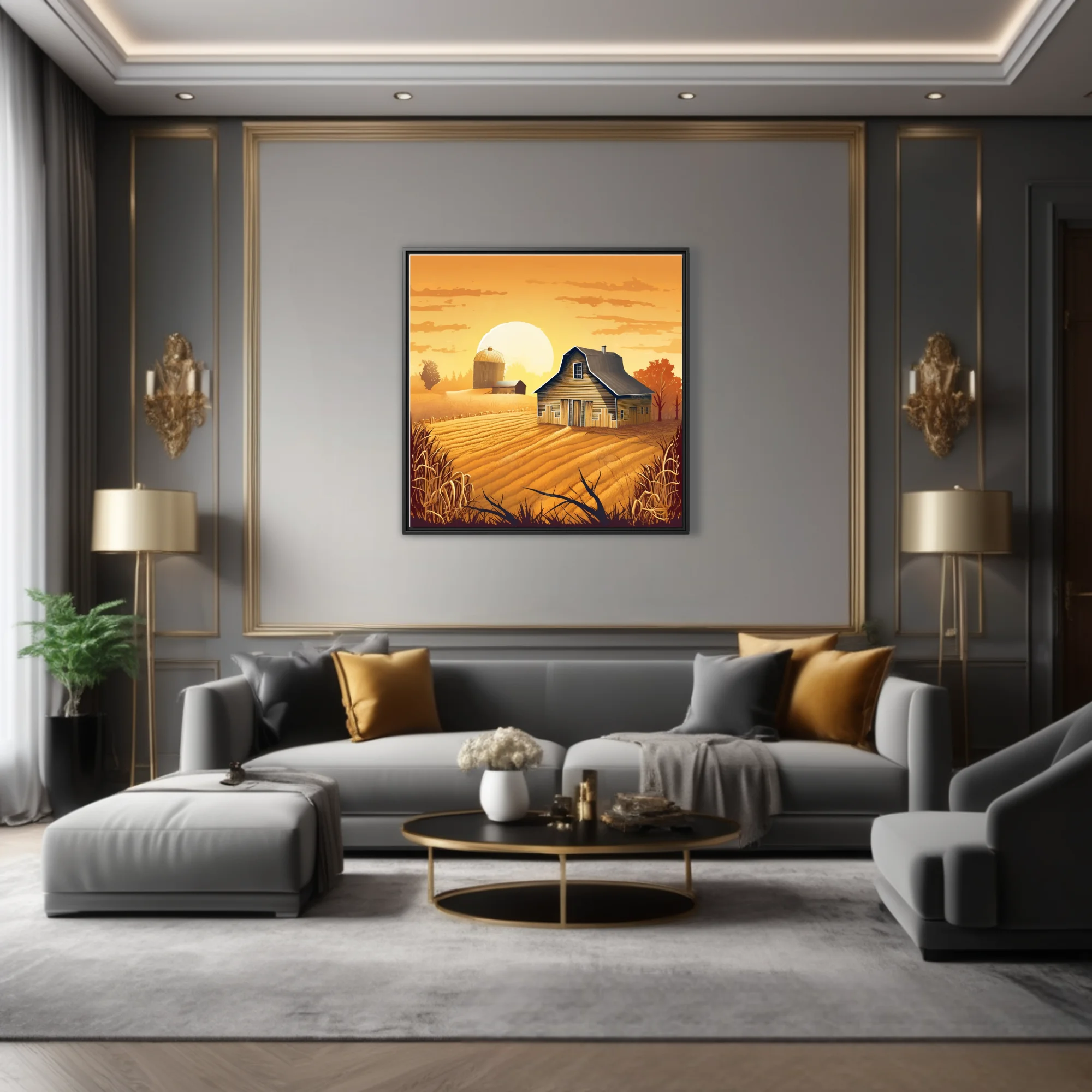 Graphic autumn farmstead illustration with golden harvest fields and glowing amber sky