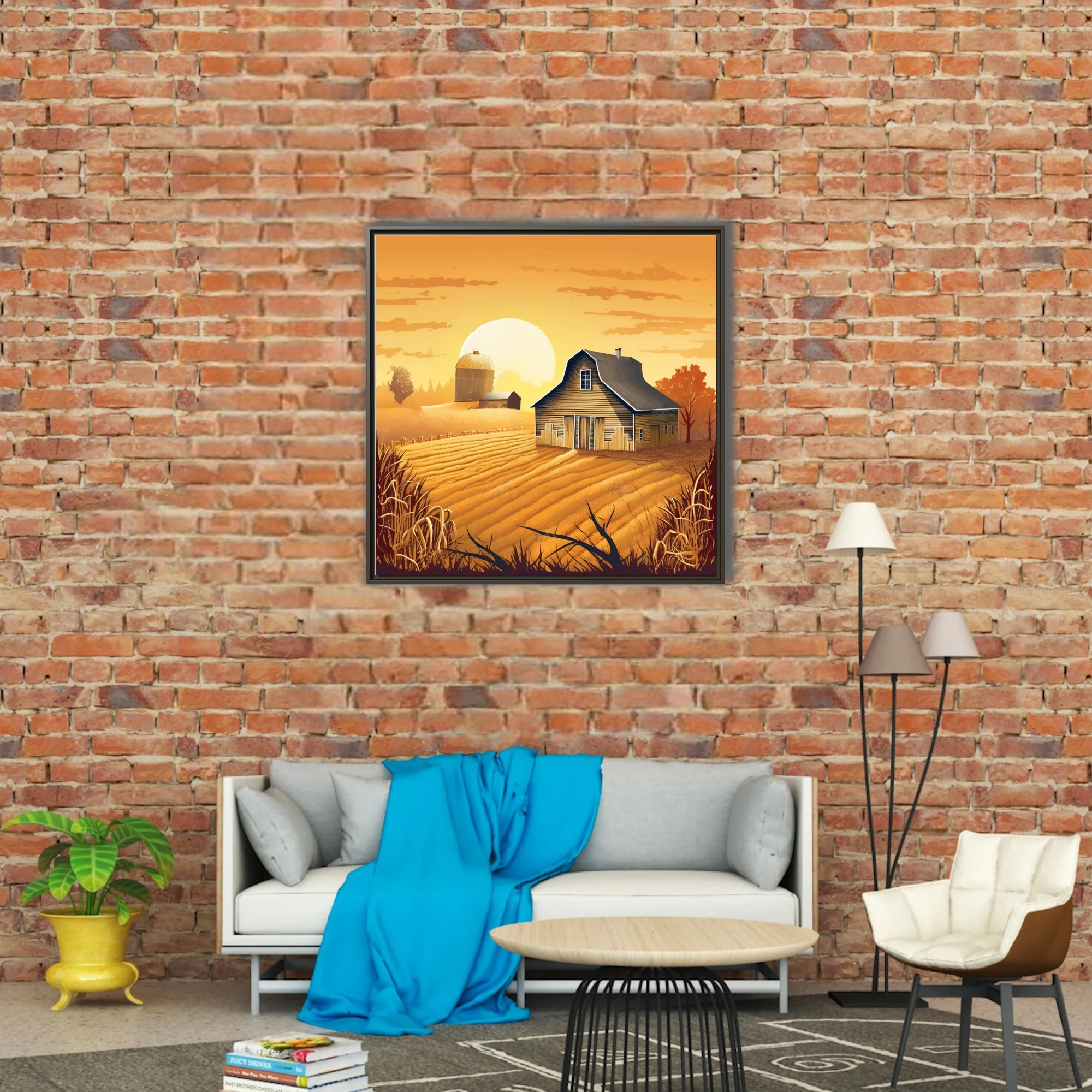 Graphic autumn farmstead illustration with golden harvest fields and glowing amber sky