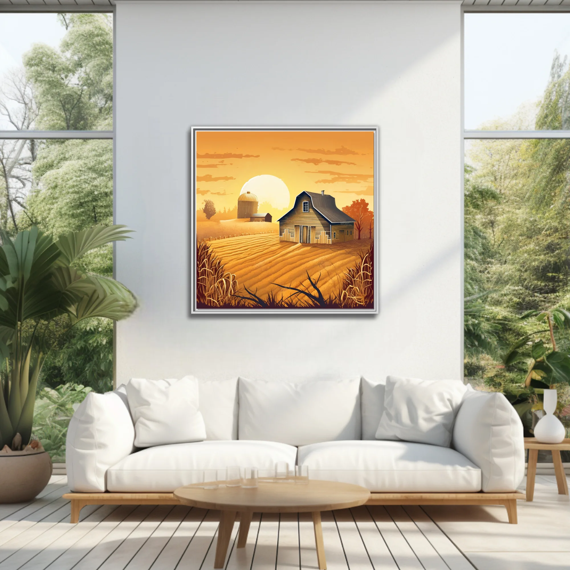 Graphic autumn farmstead illustration with golden harvest fields and glowing amber sky