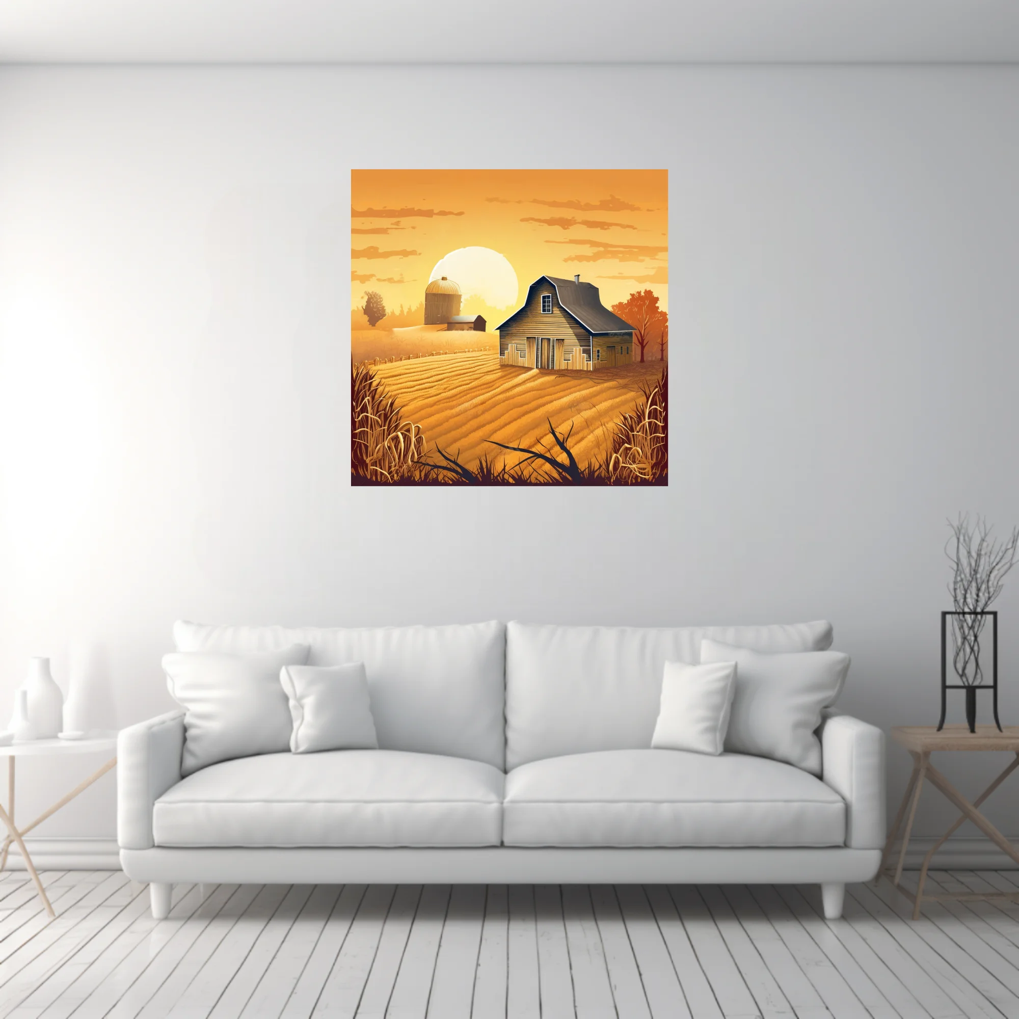 Graphic autumn farmstead illustration with golden harvest fields and glowing amber sky