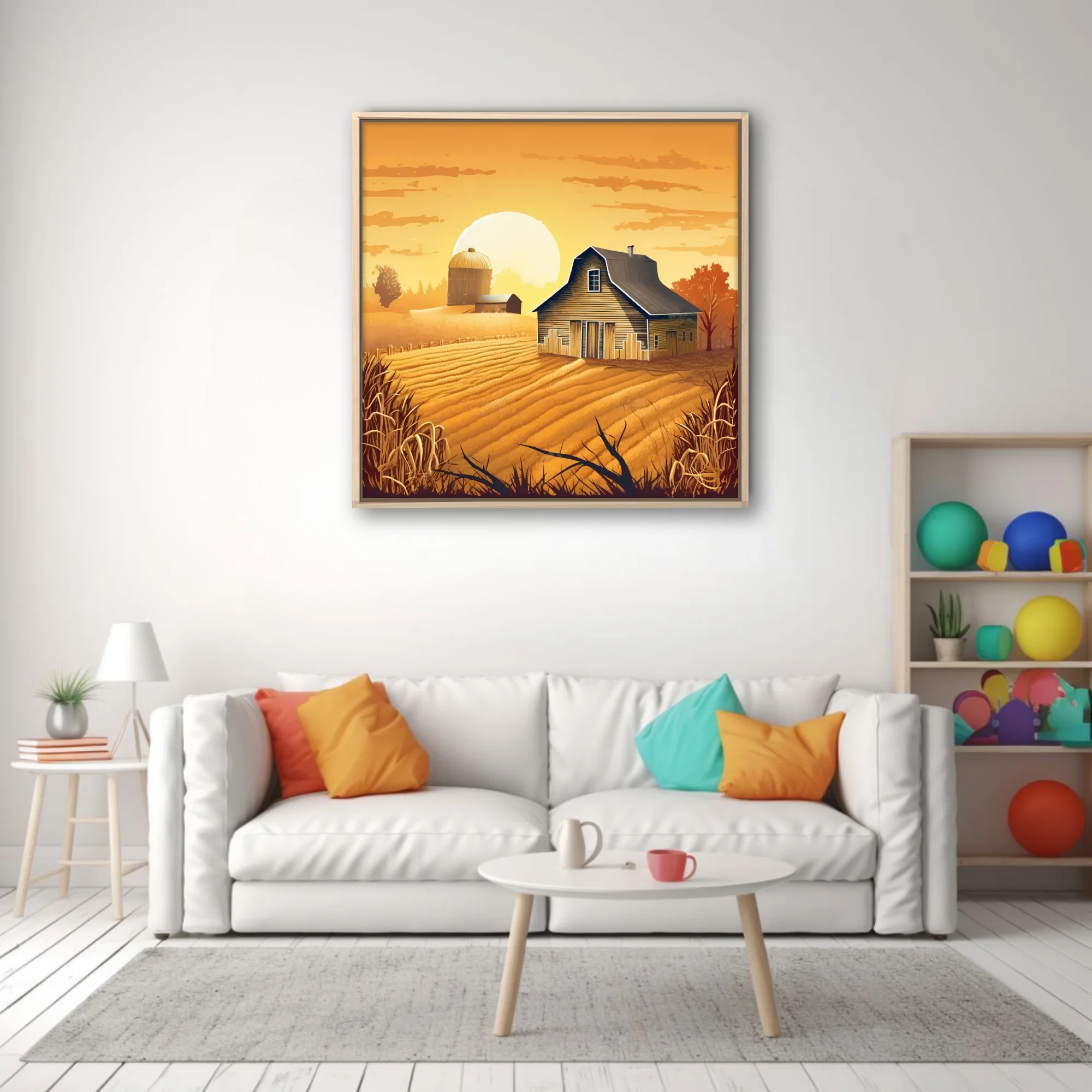 Graphic autumn farmstead illustration with golden harvest fields and glowing amber sky