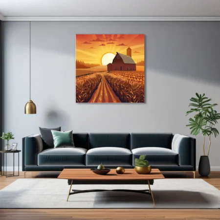 Flat graphic autumn farm scene with red barn, cornfields, and golden sunset
