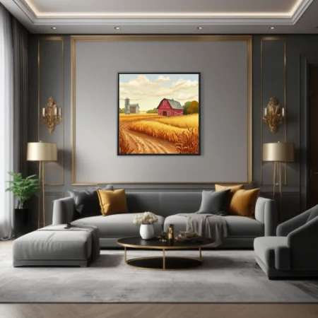 Gouache-style Americana farmstead with red barn, silo, and golden harvest fields