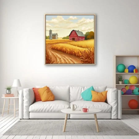 Gouache-style Americana farmstead with red barn, silo, and golden harvest fields