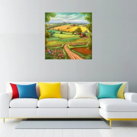 Colourful illustrated farm landscape with golden fields, winding path, and wildflower borders