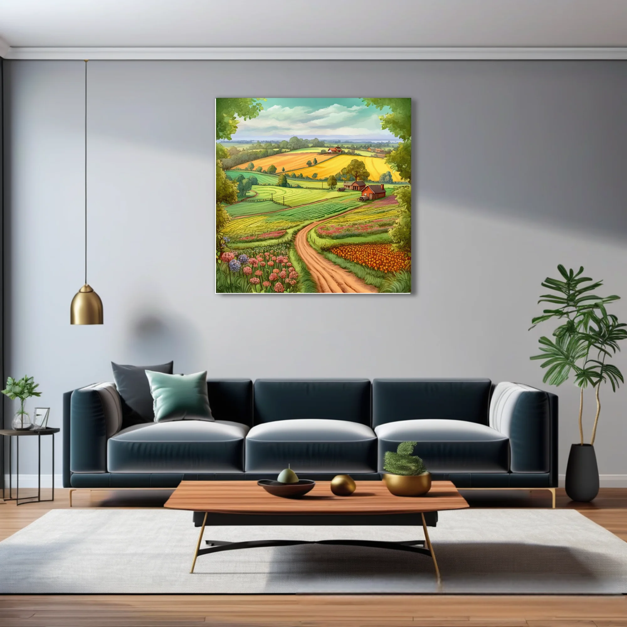 Colourful illustrated farm landscape with golden fields, winding path, and wildflower borders