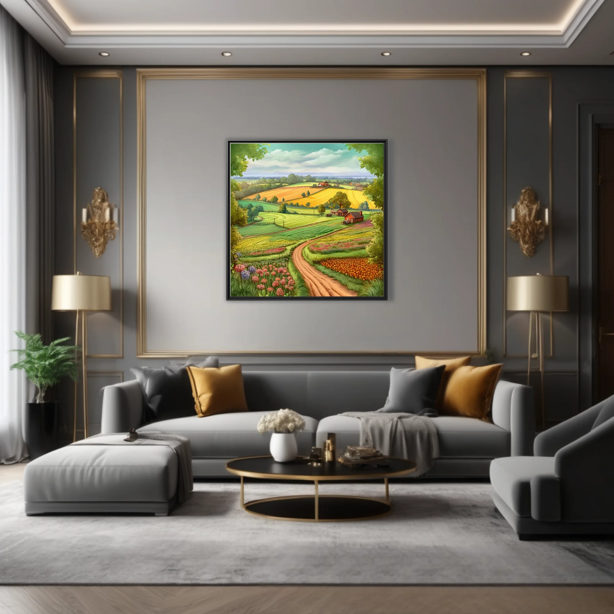 Colourful illustrated farm landscape with golden fields, winding path, and wildflower borders