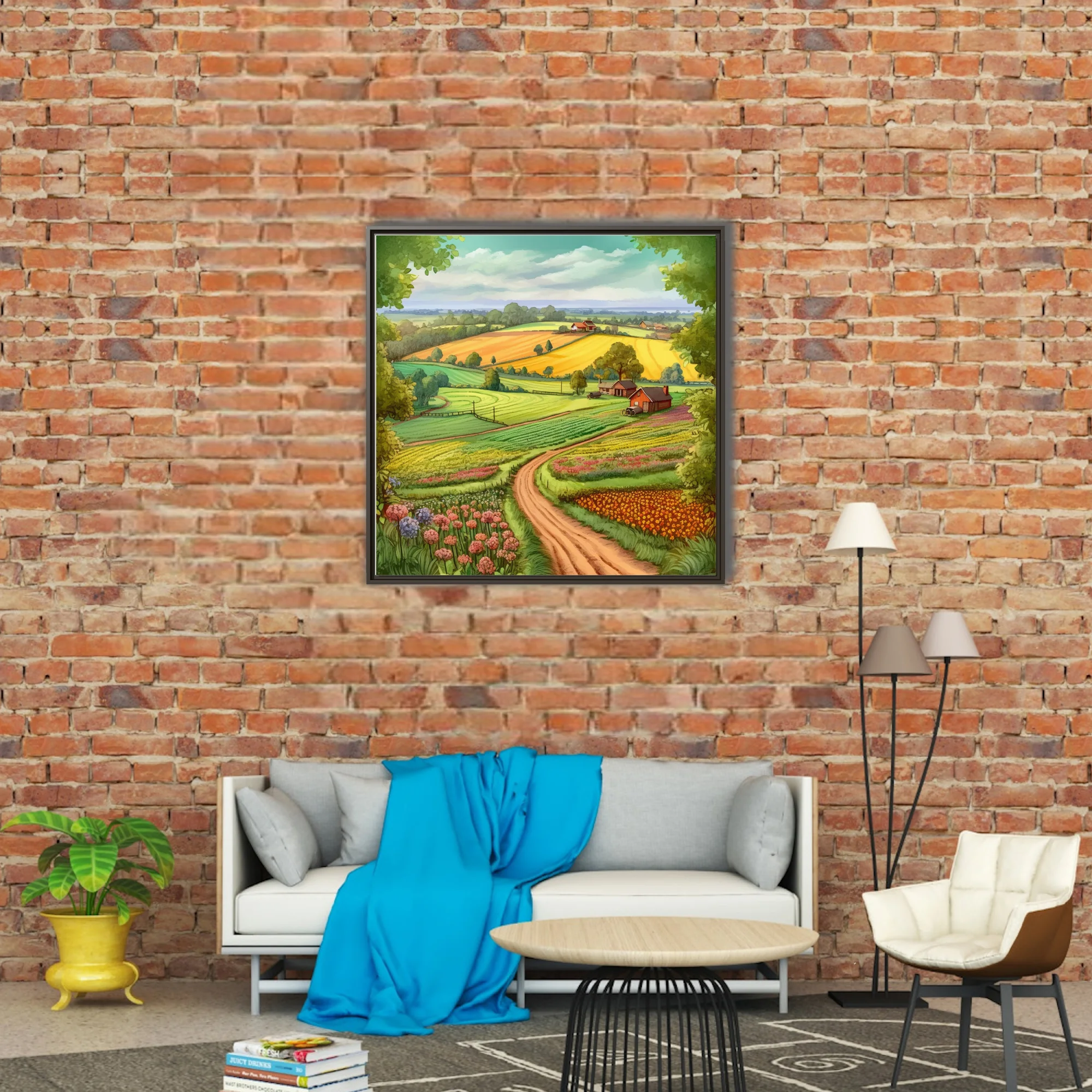 Colourful illustrated farm landscape with golden fields, winding path, and wildflower borders