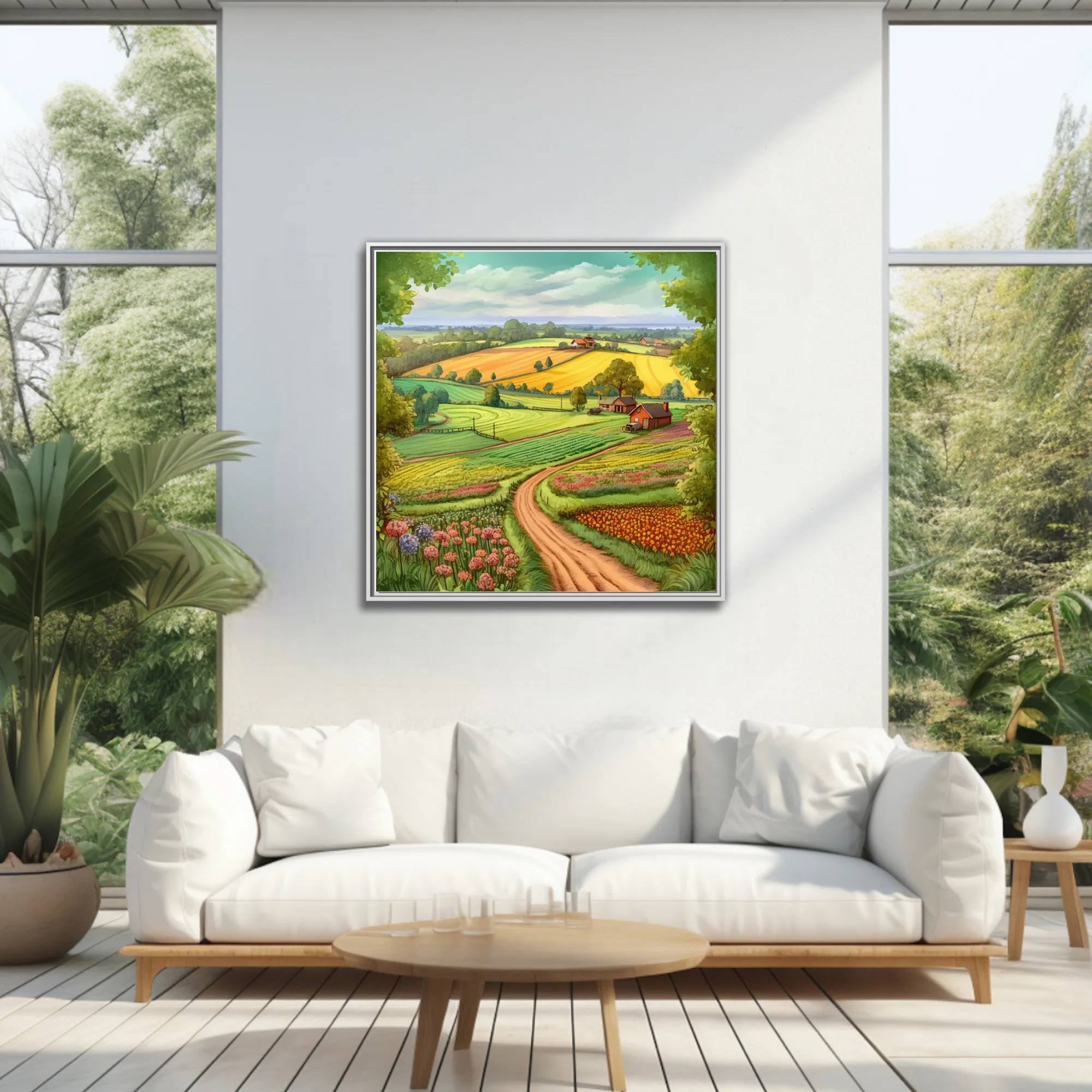Colourful illustrated farm landscape with golden fields, winding path, and wildflower borders