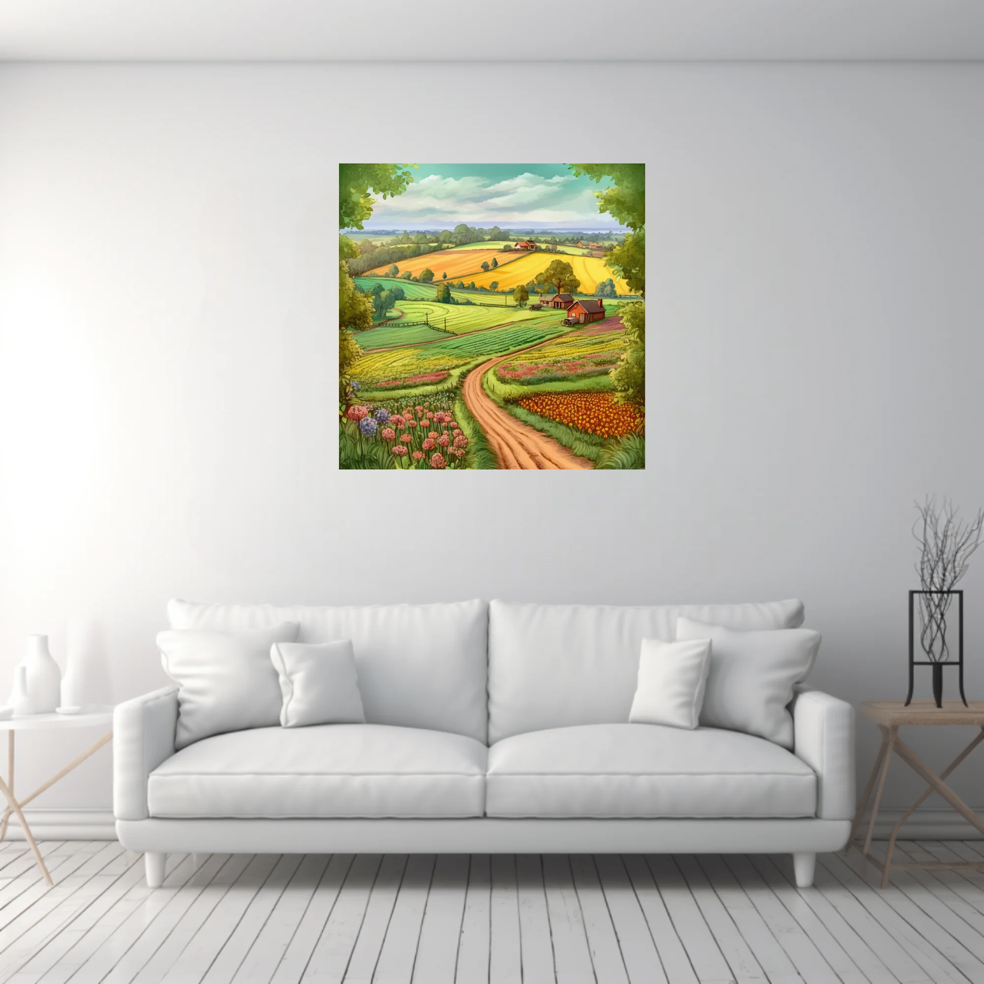 Colourful illustrated farm landscape with golden fields, winding path, and wildflower borders
