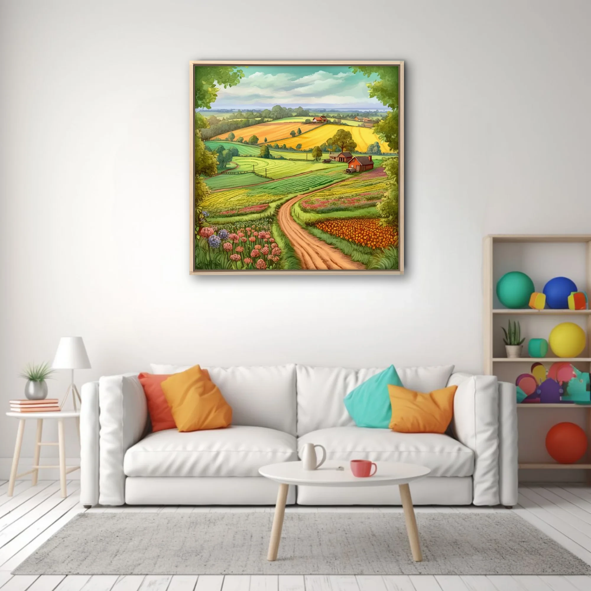 Colourful illustrated farm landscape with golden fields, winding path, and wildflower borders