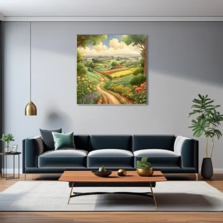 Storybook-style rural farm landscape with rolling fields, cottages, and wildflowers