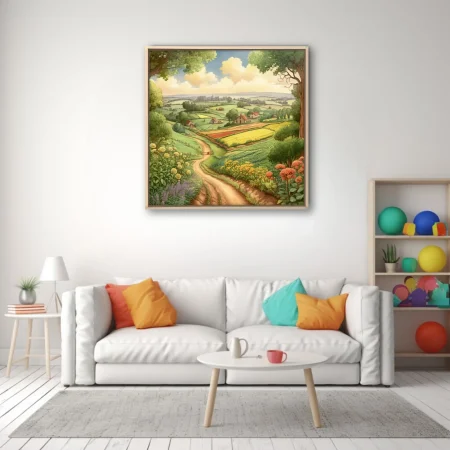 Storybook-style rural farm landscape with rolling fields, cottages, and wildflowers