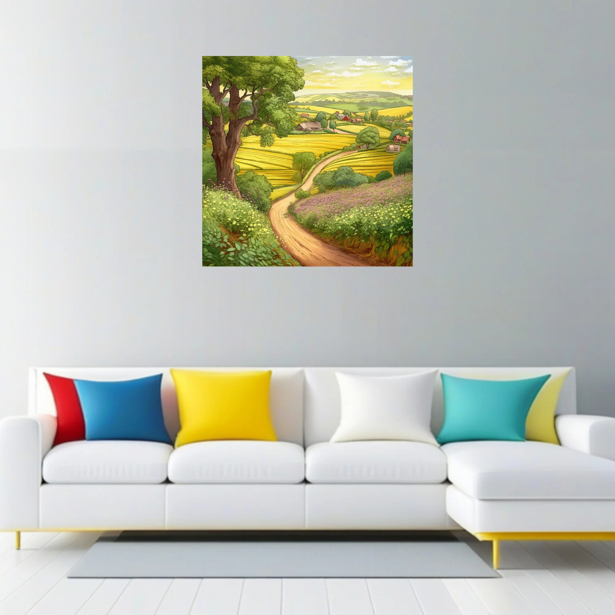 Hand-drawn-style illustrated rural landscape with golden fields, winding path, and farmhouses