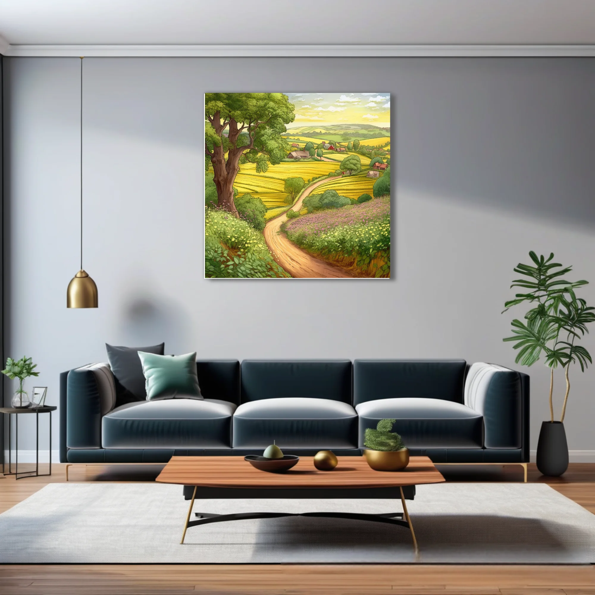 Hand-drawn-style illustrated rural landscape with golden fields, winding path, and farmhouses