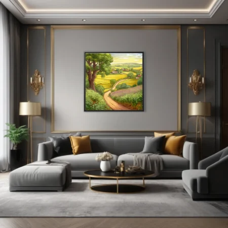 Hand-drawn-style illustrated rural landscape with golden fields, winding path, and farmhouses