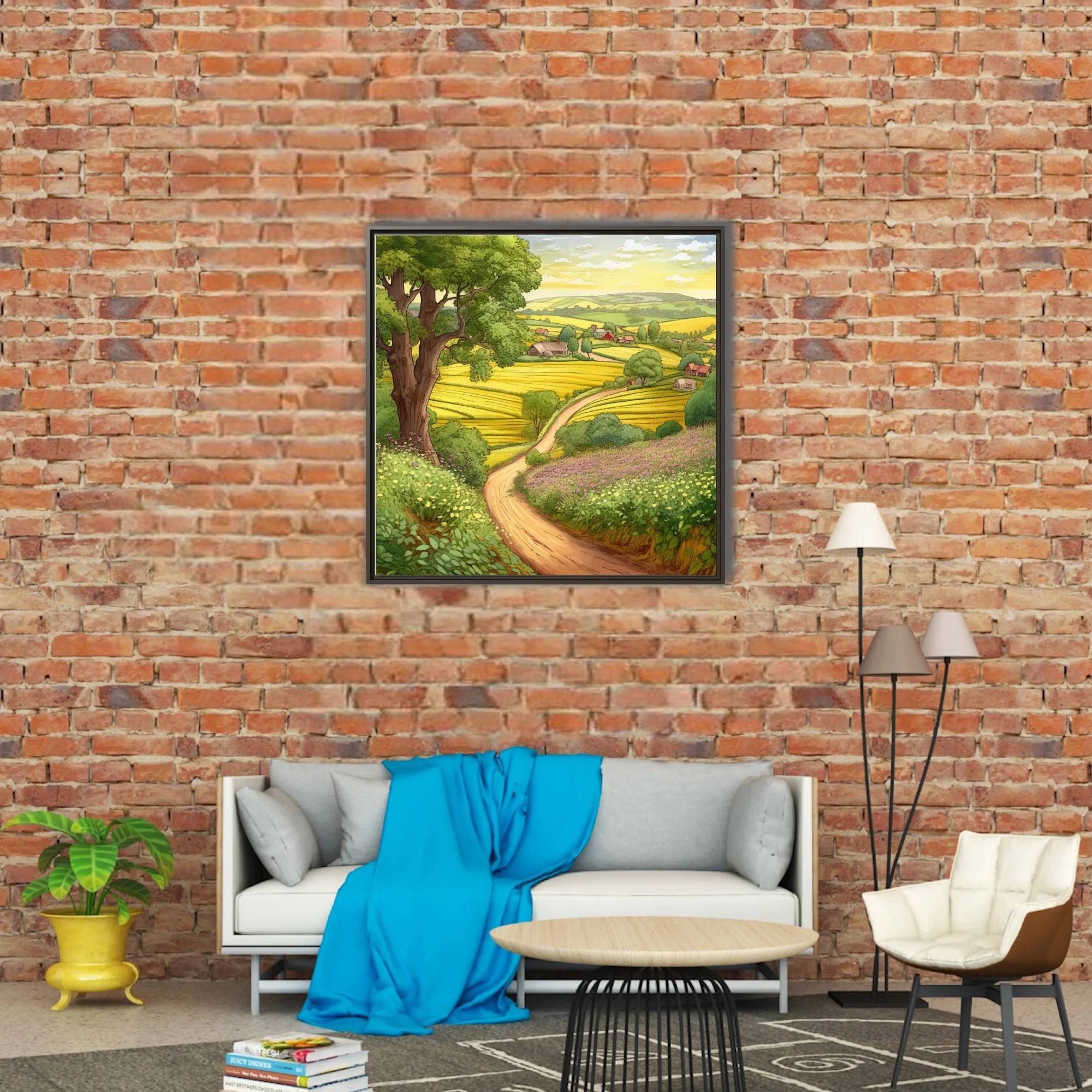 Hand-drawn-style illustrated rural landscape with golden fields, winding path, and farmhouses