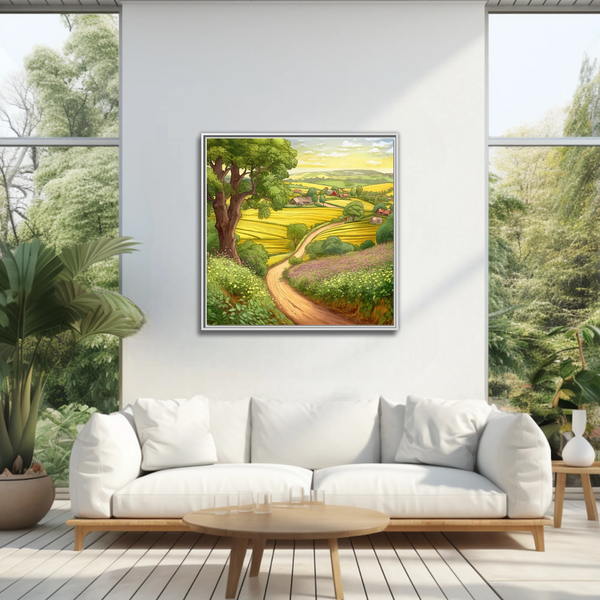 Hand-drawn-style illustrated rural landscape with golden fields, winding path, and farmhouses