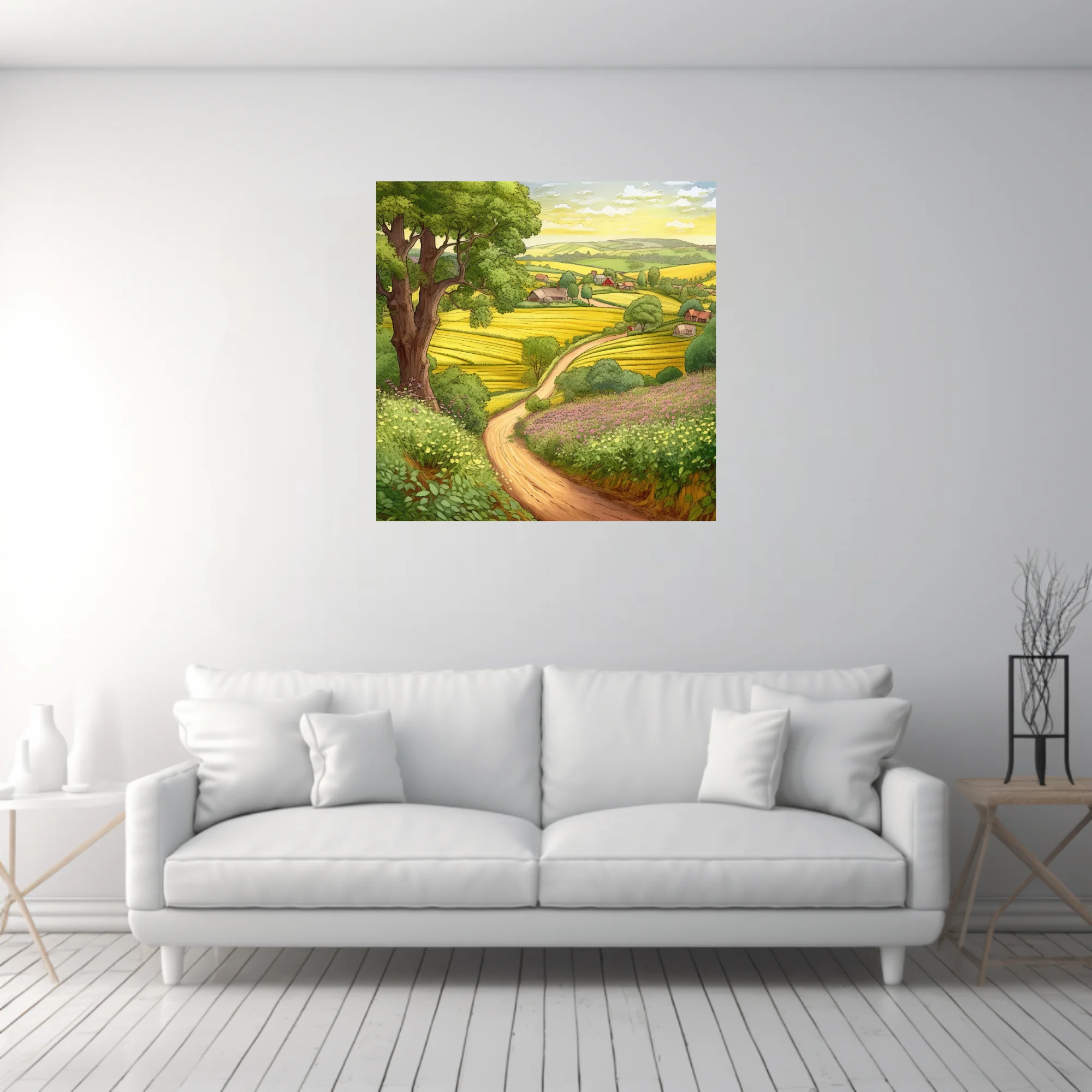 Hand-drawn-style illustrated rural landscape with golden fields, winding path, and farmhouses
