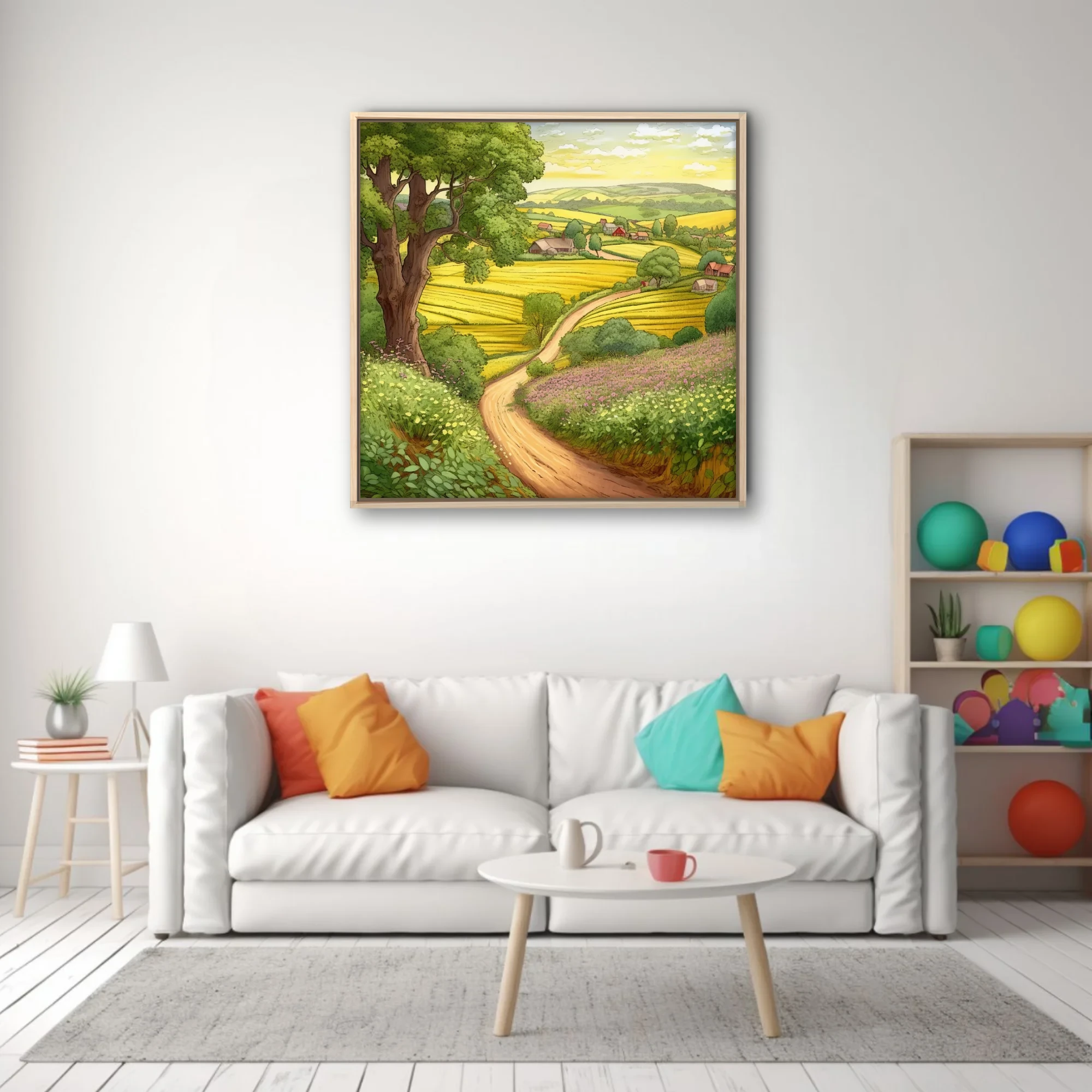 Hand-drawn-style illustrated rural landscape with golden fields, winding path, and farmhouses