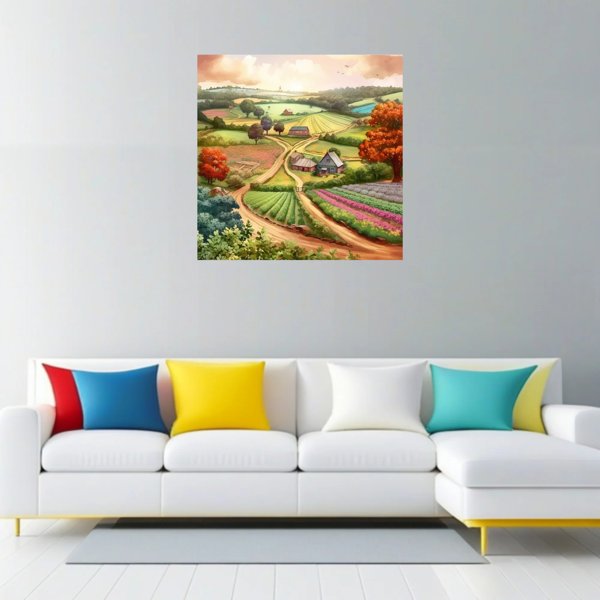Watercolor-style countryside farm landscape with rolling hills, colorful crop rows, and autumn trees