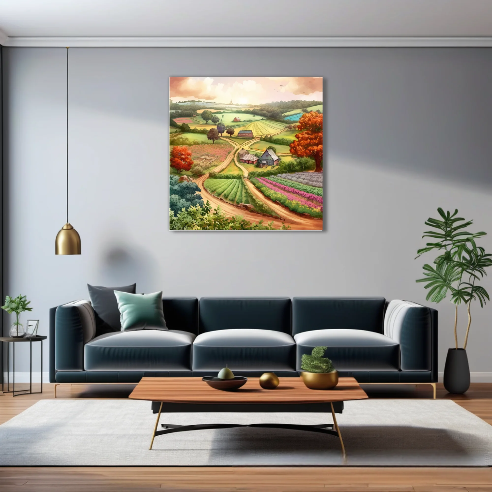 Watercolor-style countryside farm landscape with rolling hills, colorful crop rows, and autumn trees