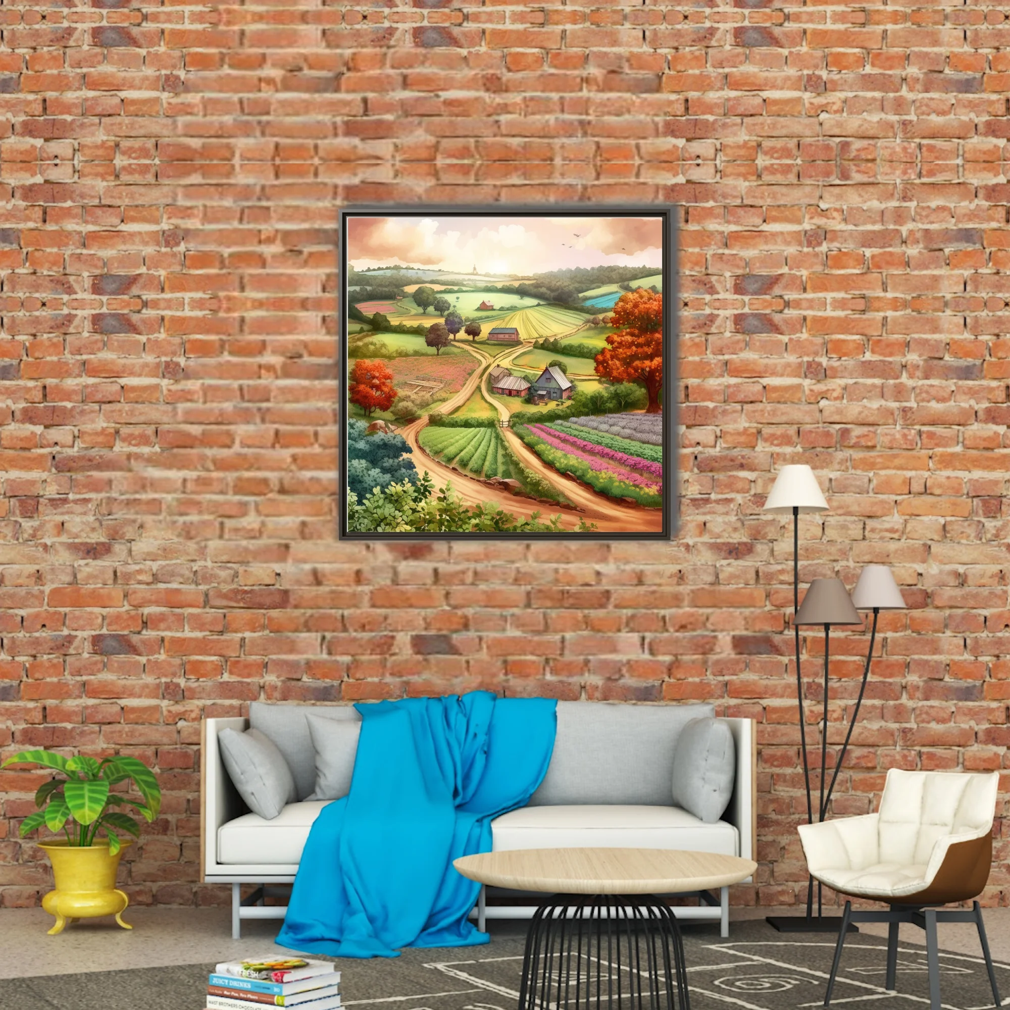 Watercolor-style countryside farm landscape with rolling hills, colorful crop rows, and autumn trees